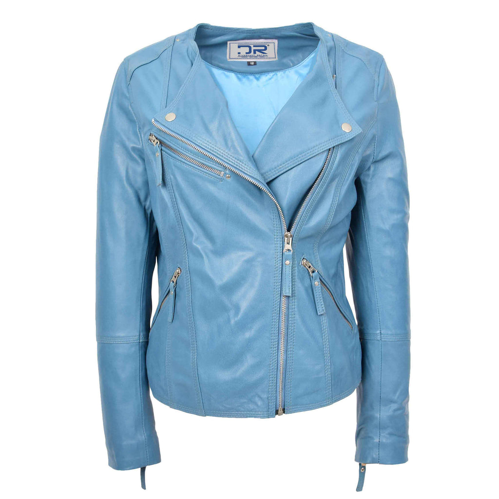 DR572 Women's Casual Cross Zip Leather Jacket Teal 1
