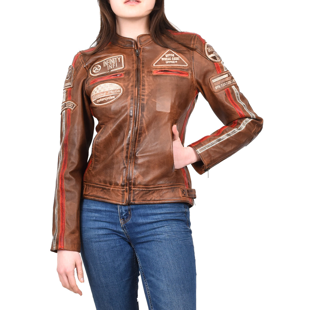 Women's Genuine Leather Biker Racing Badges Jacket Café Racer Tan Rayne