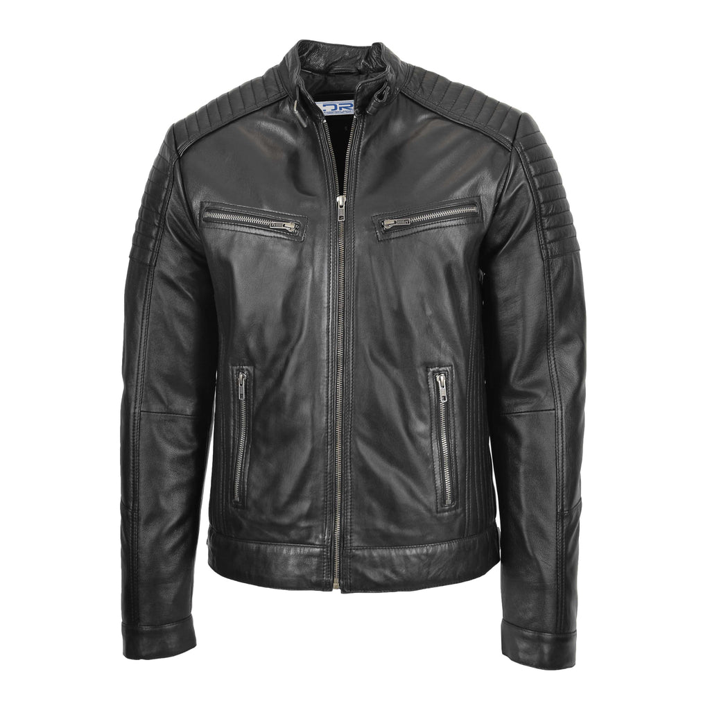 DR101 Men's Leather Cafe Racer Biker Jacket Black 1
