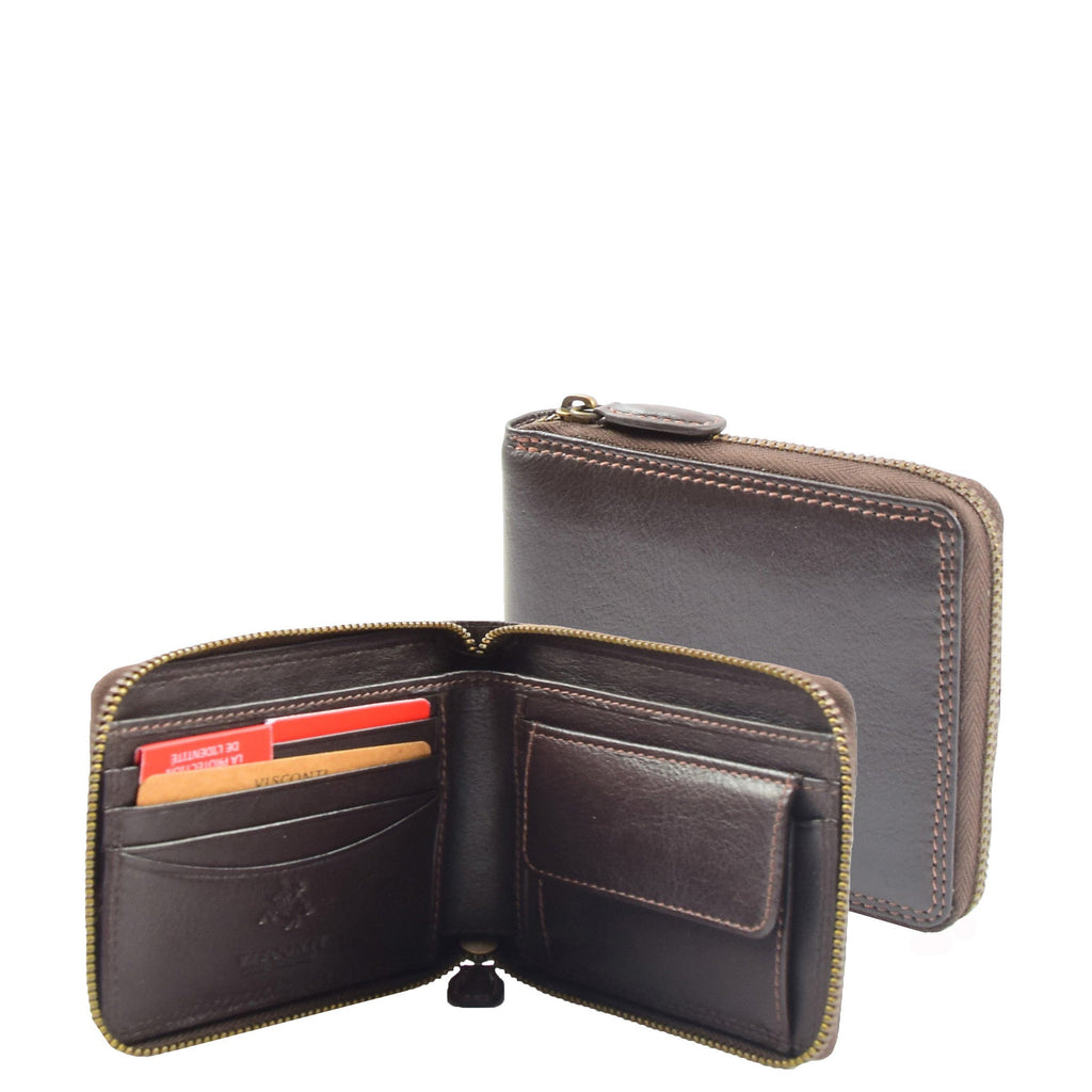 DR660 Men's Soft Genuine Leather Zip Around RFID Wallet Brown 1