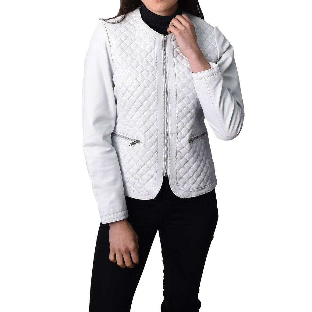 Women's Real Leather Smart Quilted Biker Style Jacket White Quiltara 1