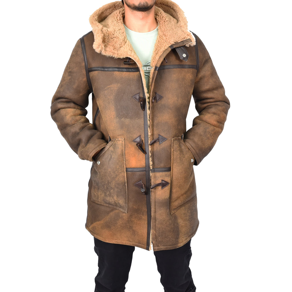 Mens Winter Antique Sheepskin Duffle Coat ¾ Length Shearling Duncan Brown 1