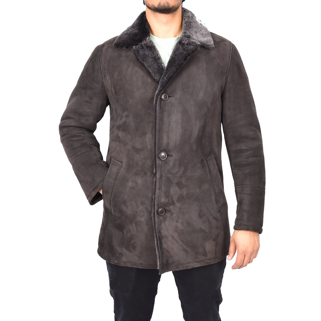 Mens Luxury Merino Sheepskin Classic Car Coat Shearling Walter Brown 1