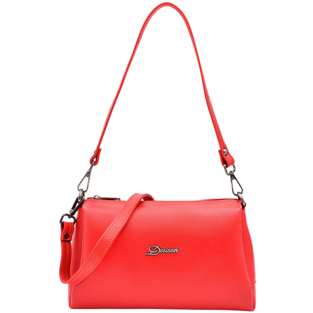 DR597 Women's Genuine Leather Small Zip Handbag Shoulder Bag Red 1