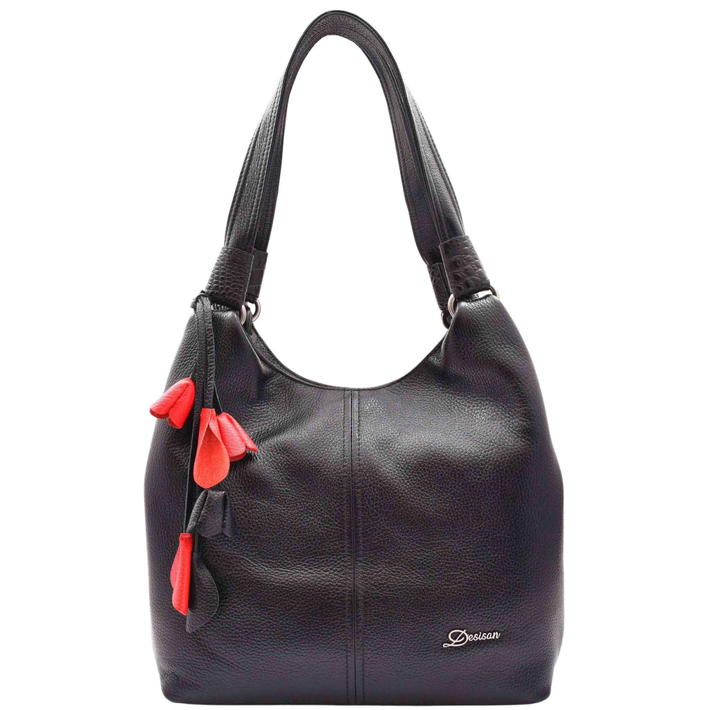 DR583 Women's Large Leather Hobo Bag With Zip Opening Black 1