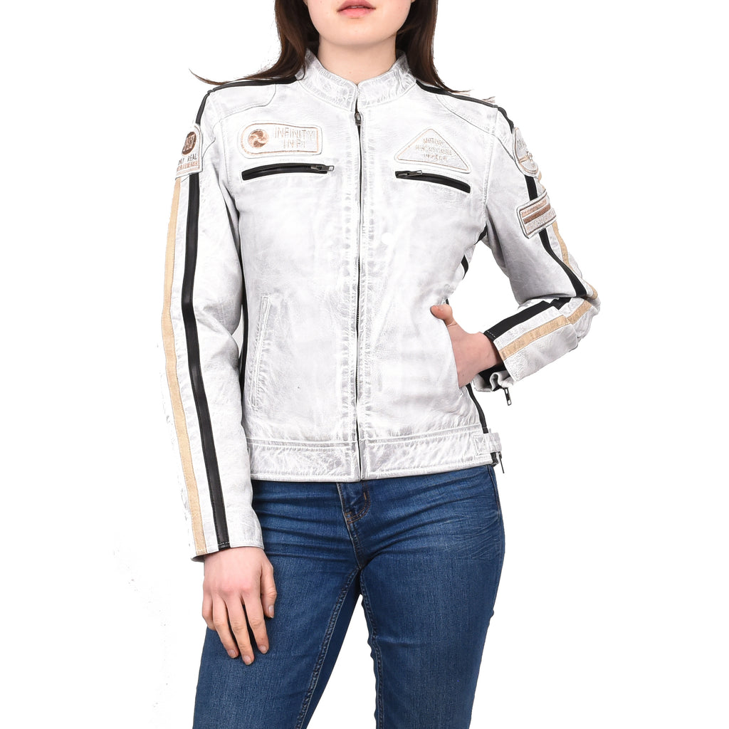 Women's Genuine Leather Biker Racing Badges Jacket Café Racer White Rayne 1