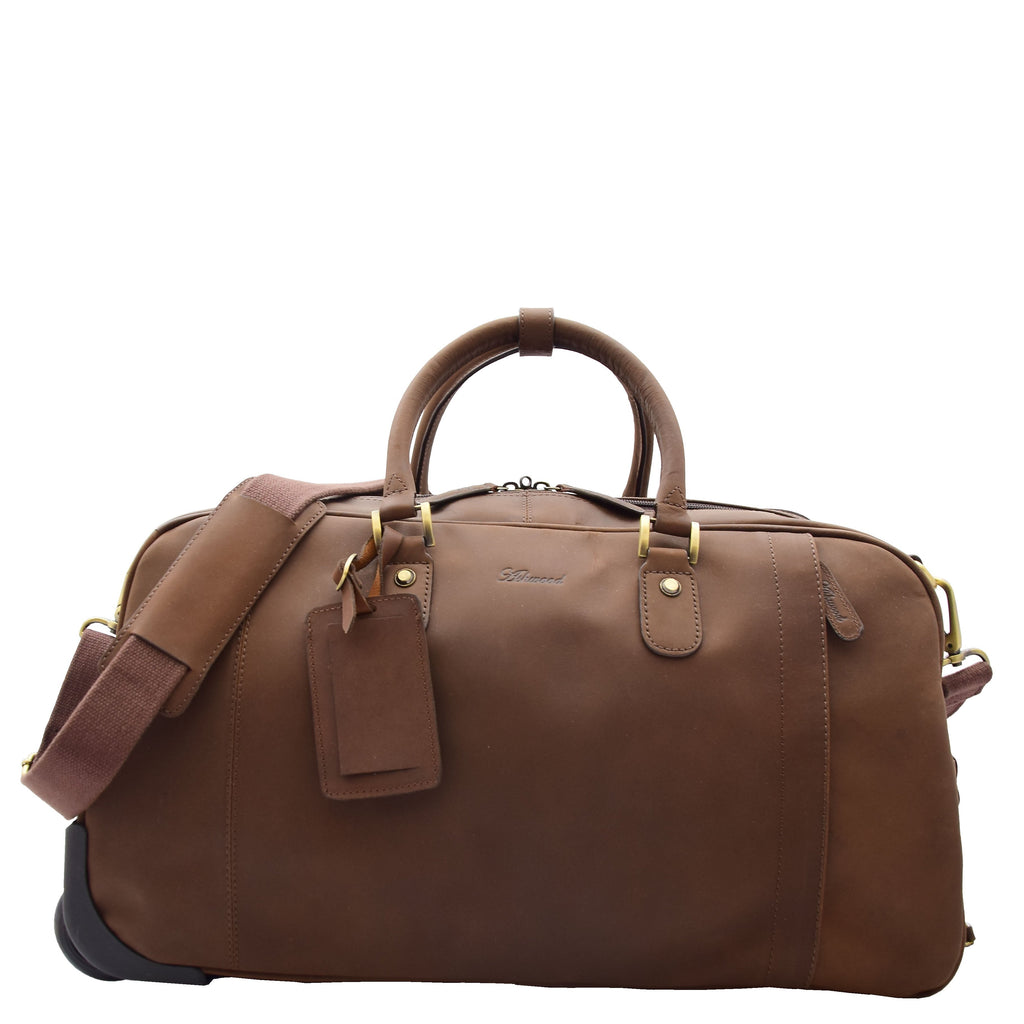 DR611 Premium Leather Overnight Wheeled Holdall Bag Brown 1