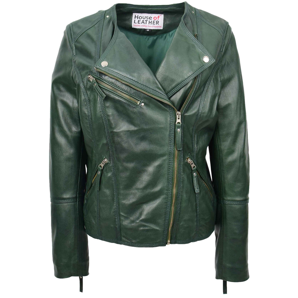 DR572 Women's Casual Cross Zip Leather Jacket Green 1