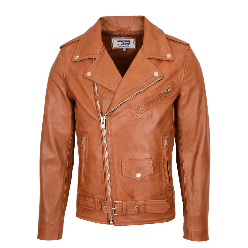 DR100 Men's Biker Real Leather Jacket Tan 1