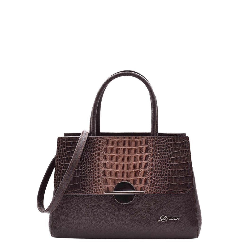 DR580 Women's Genuine Leather Long Strap Croc Print Handbag Brown 1