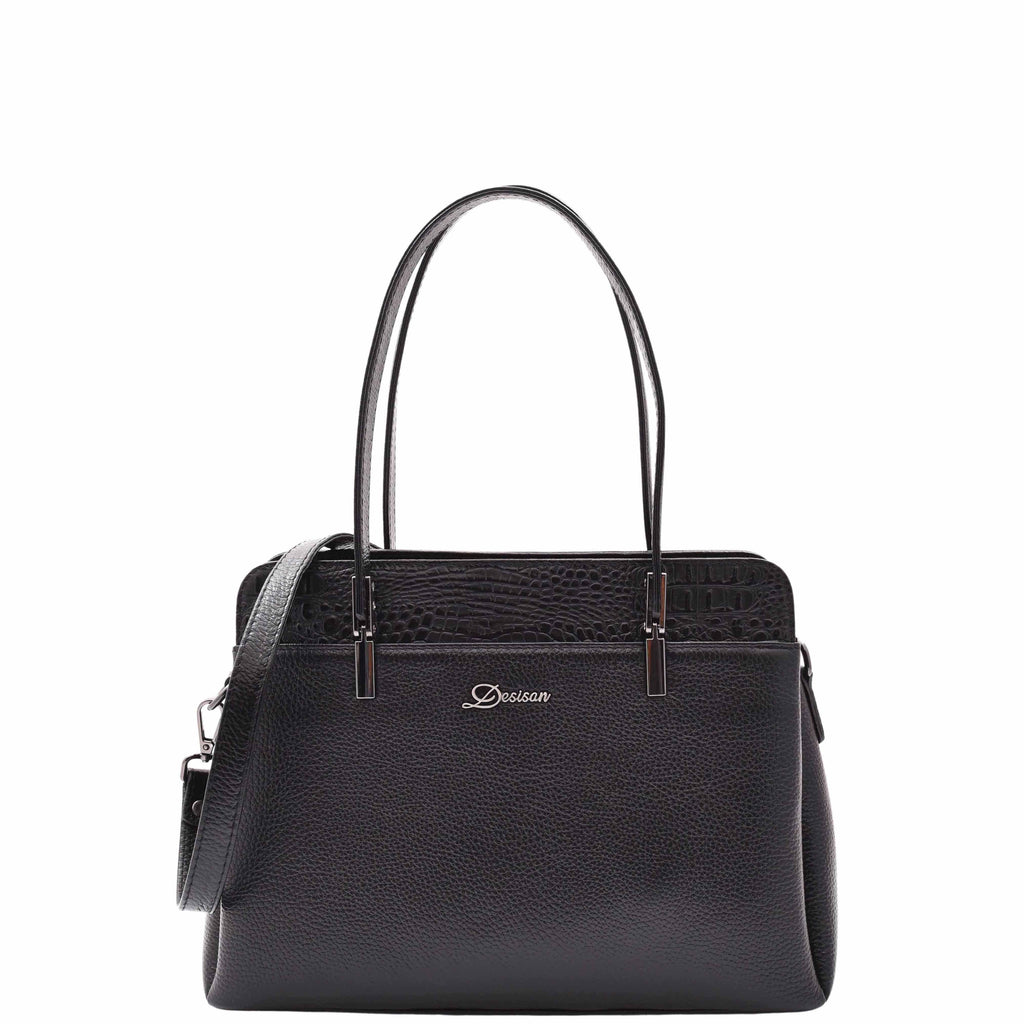 DR589 Women's Leather Medium Size Tote Zip Shoulder Bag Black 1