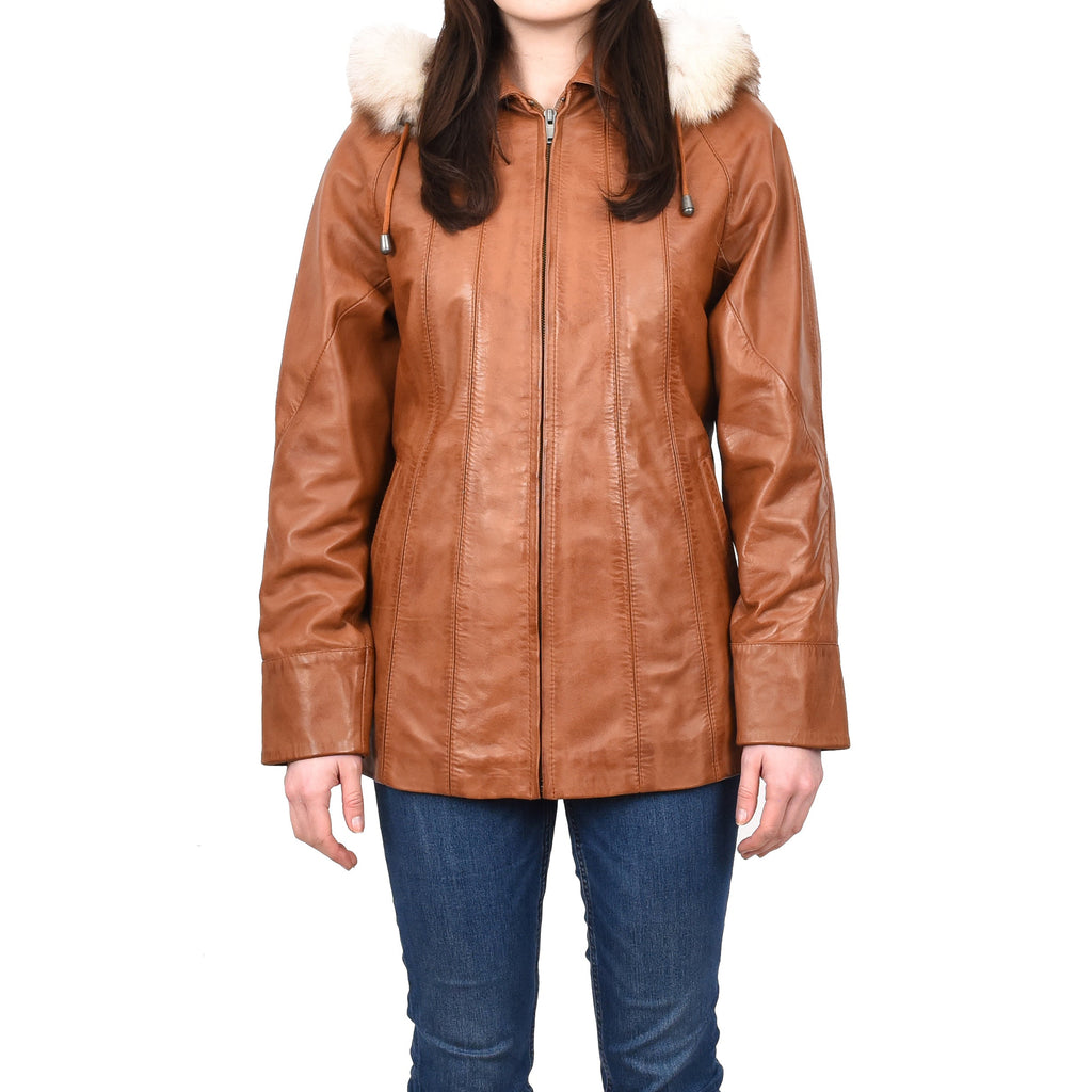 Women's Real Leather Coat with Fur Hood Winter Tan Chicora-1