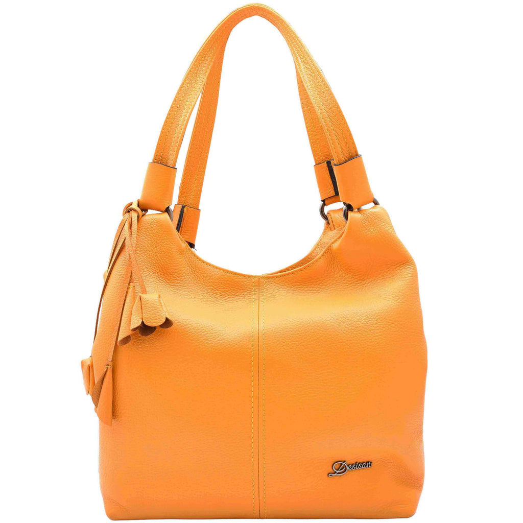 DR583 Women's Large Leather Hobo Bag With Zip Opening Yellow 1