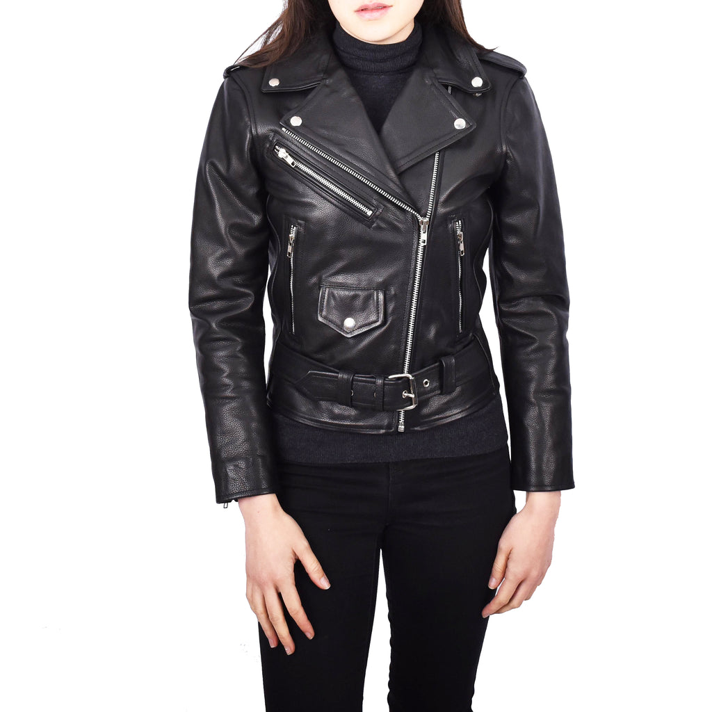 Women's Real Leather Black Biker Jacket Brando Style Sabine 1