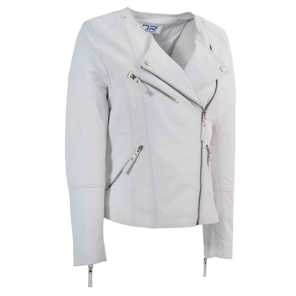 DR572 Women's Casual Cross Zip Leather Jacket Off White 1