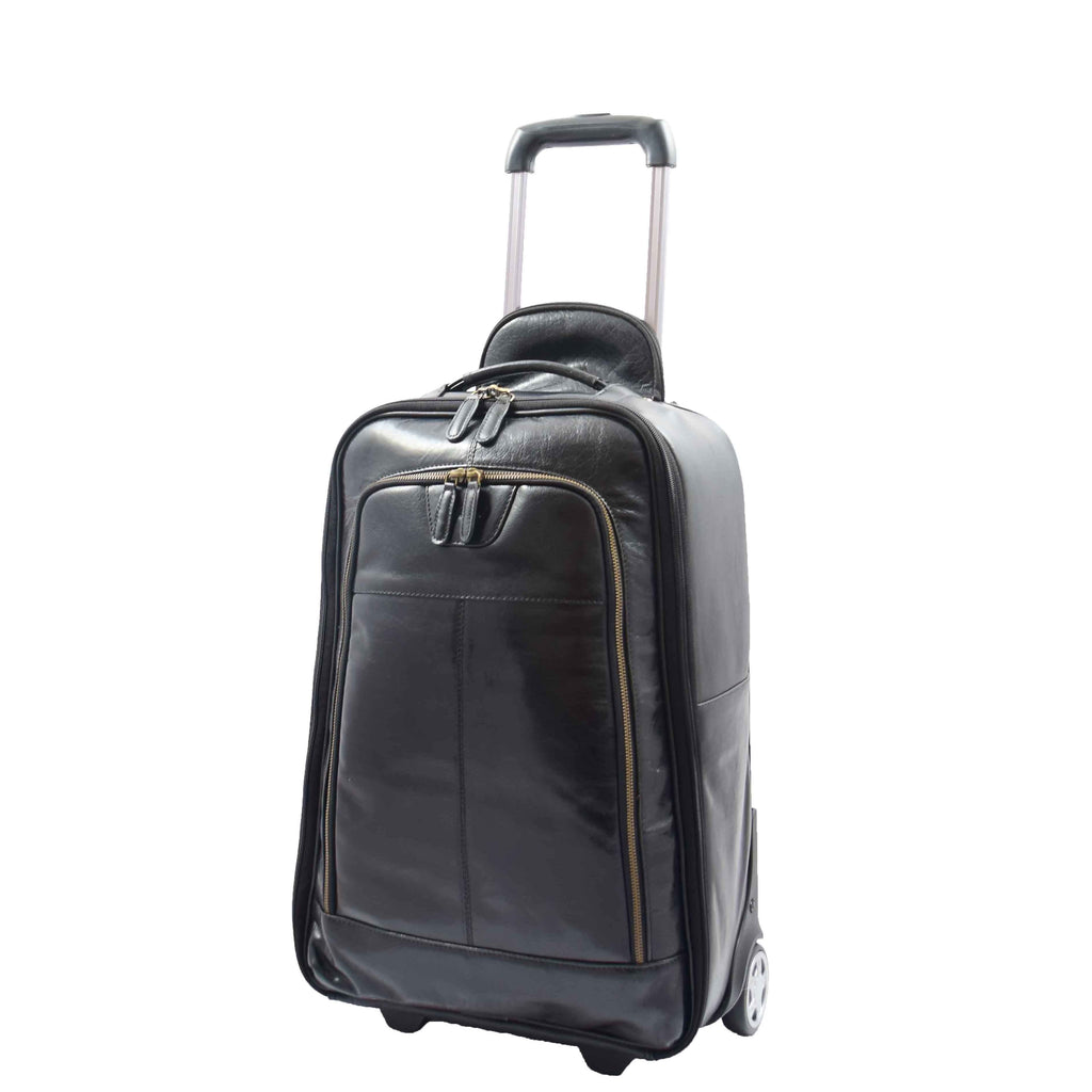 DR544 Genuine Leather Cabin Suitcase Wheeled Trolley Black 1