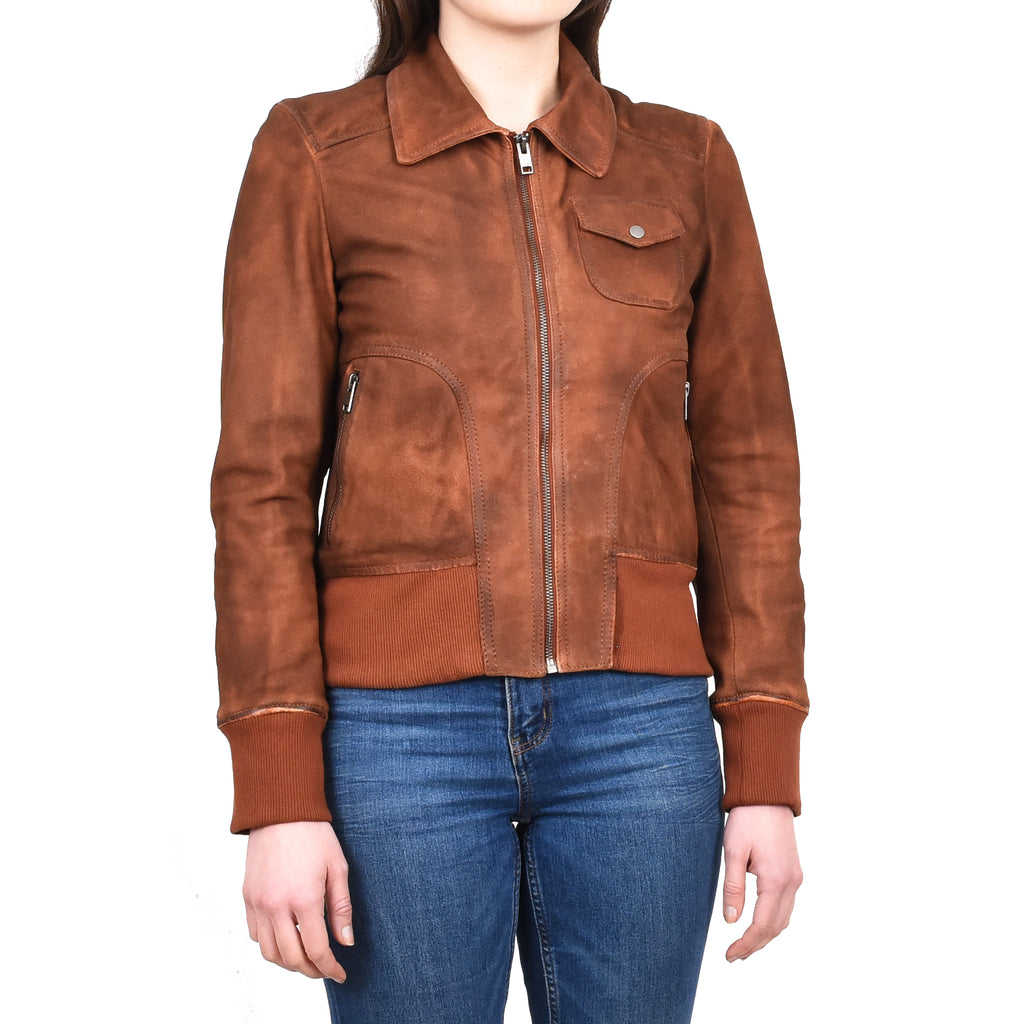 Women's Real Leather Bomber Jacket Slim Fit MA-1 Varsity Chloe Tan