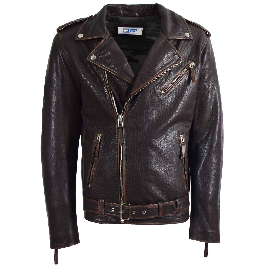 DR574 Men’s Genuine New Zealand Leather Zip-Up Biker Style Jacket Brown 1