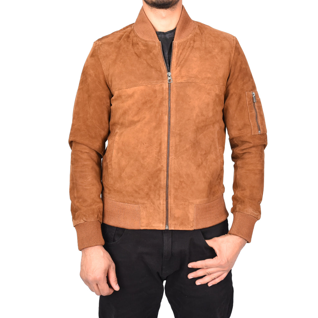 Mens Genuine Goat Suede MA-1 Bomber Jacket Varsity Style Thorin Tan 1