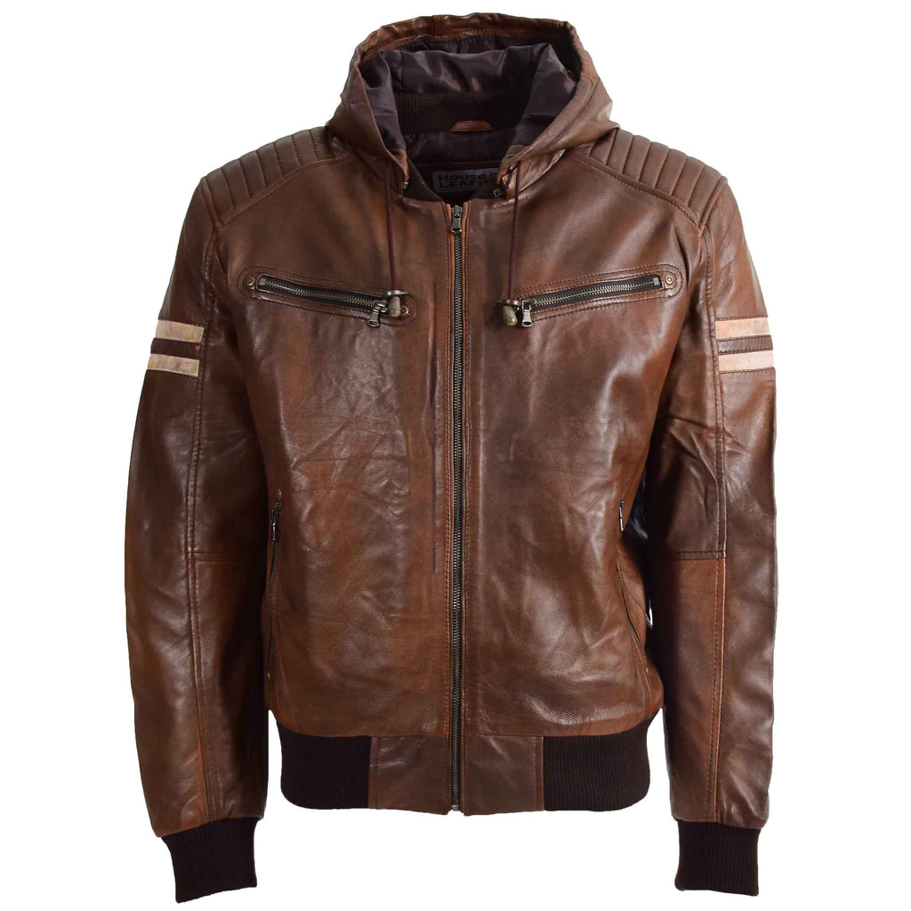 DR573 Men's Leather Zip Closure Bomber Jacket With Removable Hood Cognac 1