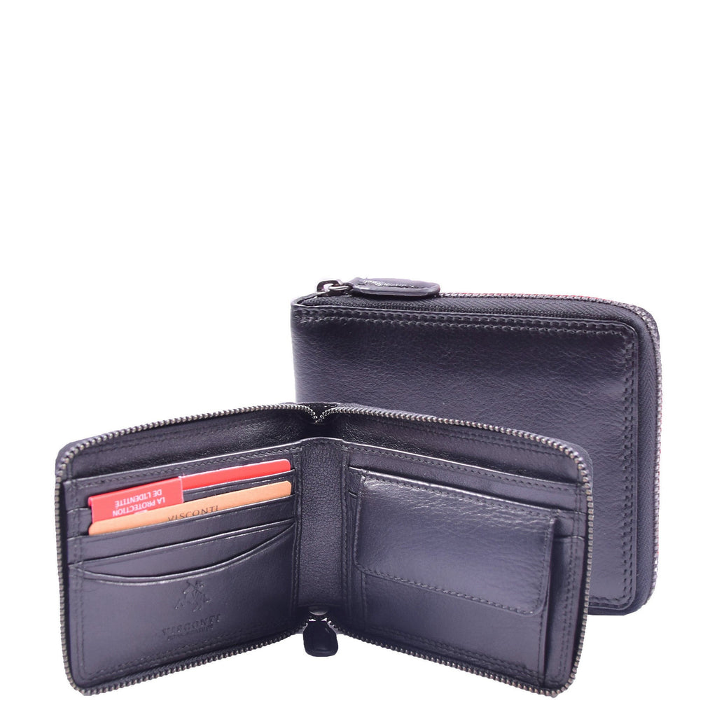 DR660 Men's Soft Genuine Leather Zip Around RFID Wallet Black 1