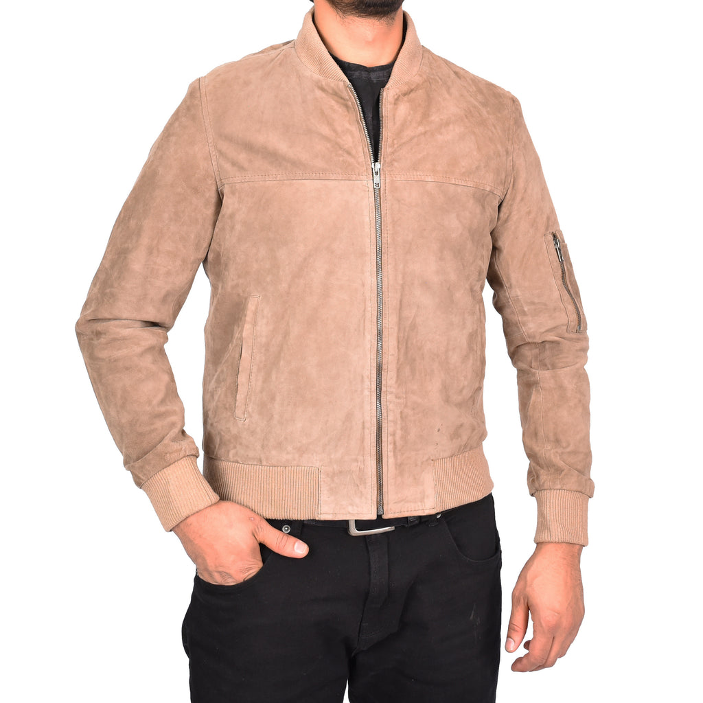 Mens Genuine Goat Suede MA-1 Bomber Jacket Varsity Style Thorin Beige 1