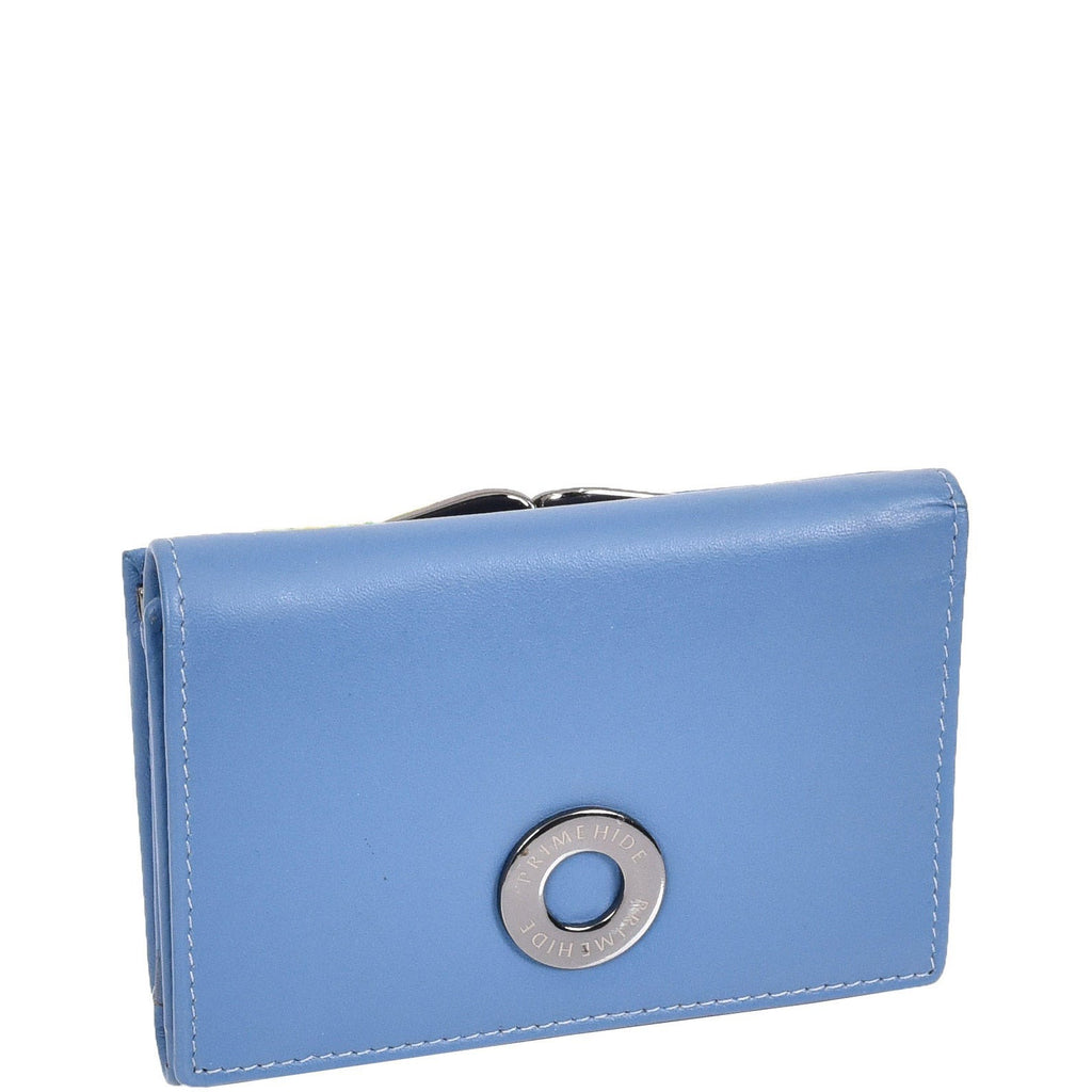 DR687 Women's Soft Leather Trifold Metal Frame Purse Blue 1