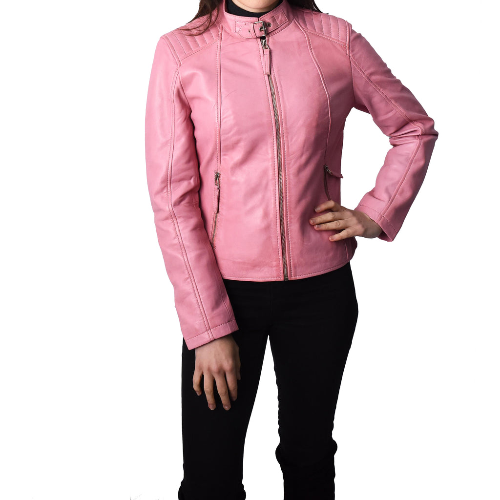 Women's Real Leather Classic Biker Jacket Pink Bikera 1