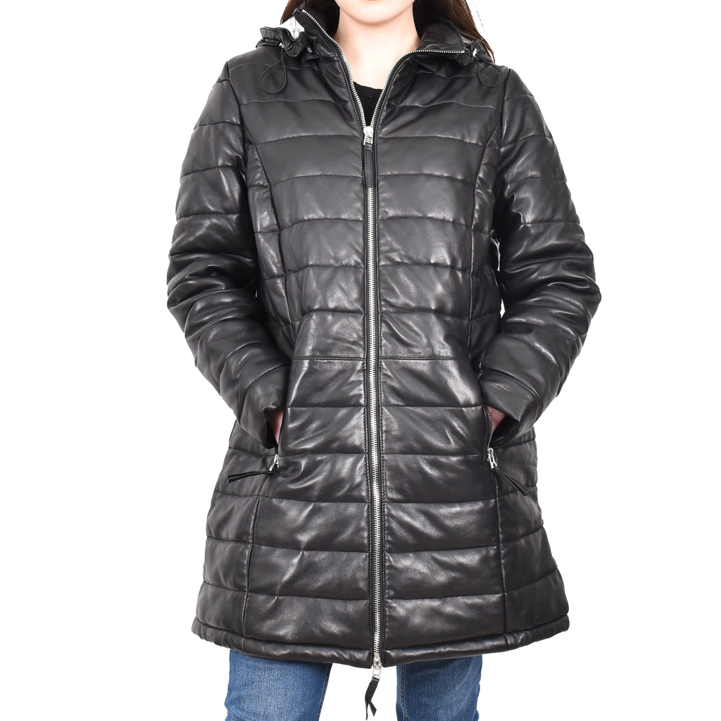 Women's Leather 3/4 Length Coat Puffer Detachable Hoodie Tuva Black 1