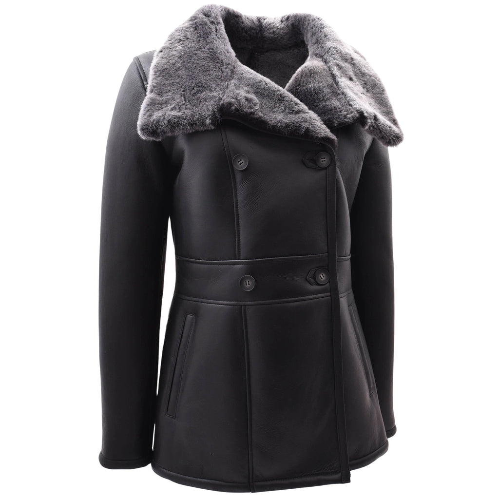 DR596 Women's Soft Sheepskin Double Breasted Fur Collar Coat Black 2