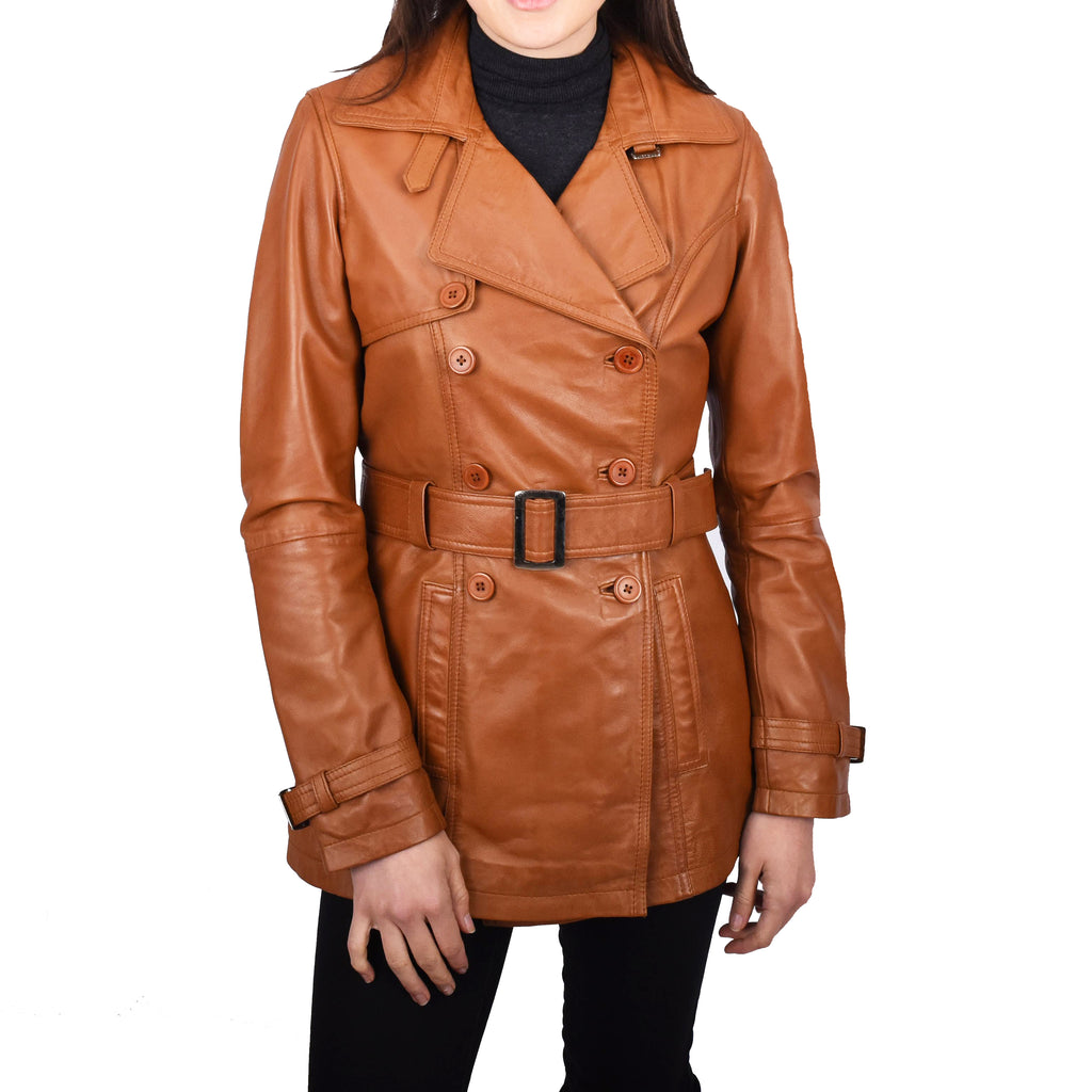 Women's Real Leather Buttoned Coat With Belt Tan GlamTrench 1