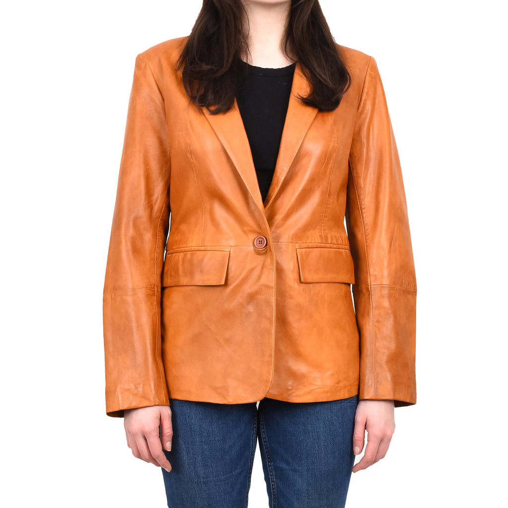 Women's Sheep Leather Single Button Blazer Jacket Classic Lilja Whiskey 1