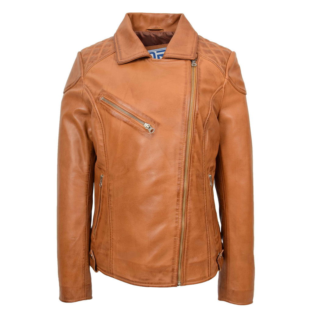DR570 Women's Cross Zip Pocketed Real Leather Biker Jacket Tan 3