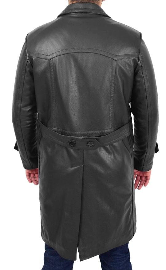 DR102 Men’s Trench Leather Coat 3/4 Long Overcoat Black 5