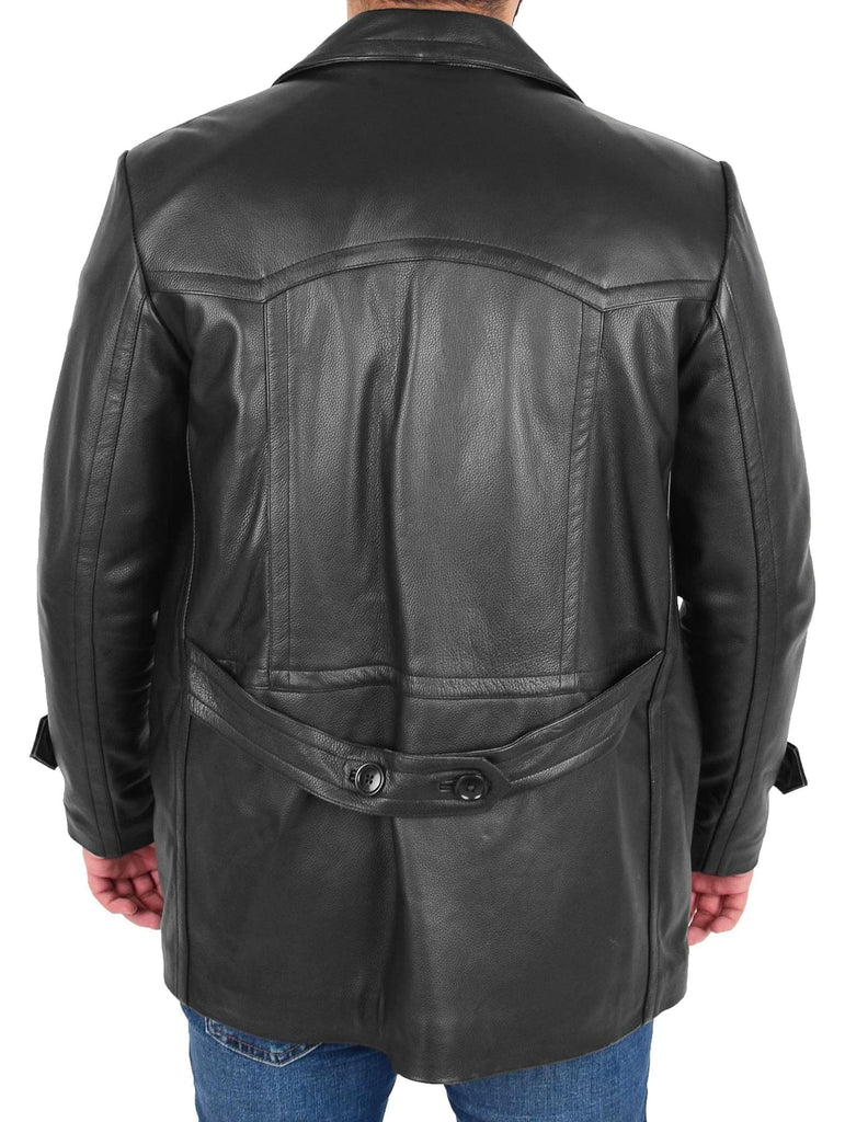 DR103 Men’s Trench Leather Fitted Reefer Military Overcoat Black 2