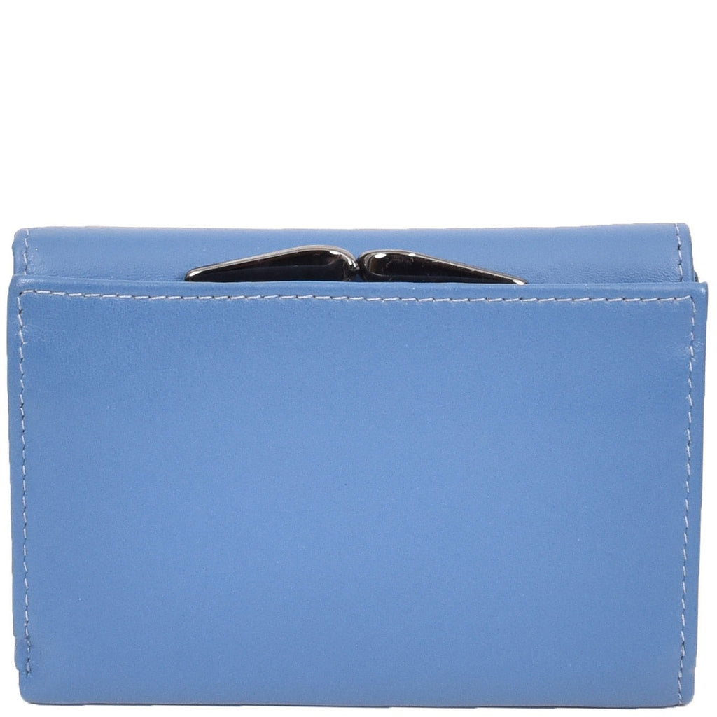 DR687 Women's Soft Leather Trifold Metal Frame Purse Blue 2