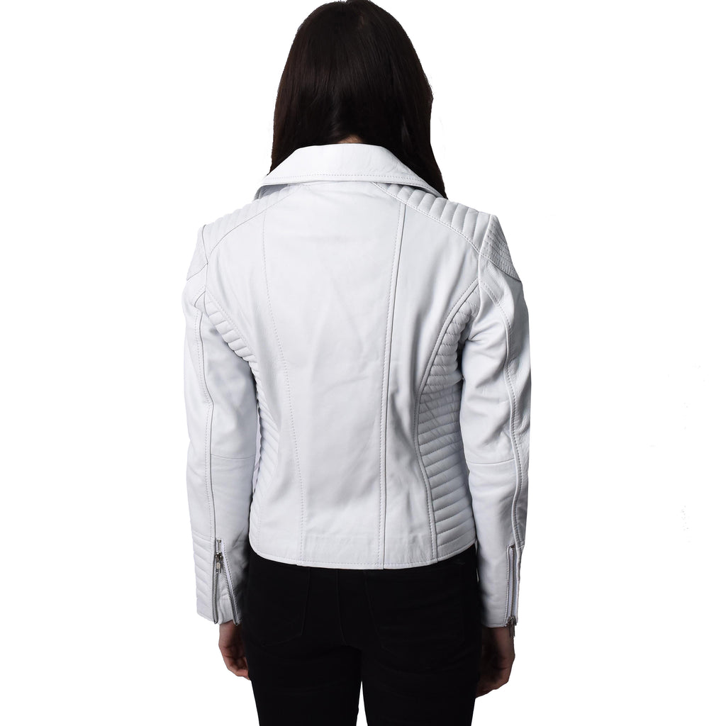 Women's Soft Leather Cross Zip Biker Jacket White Eleganza 2