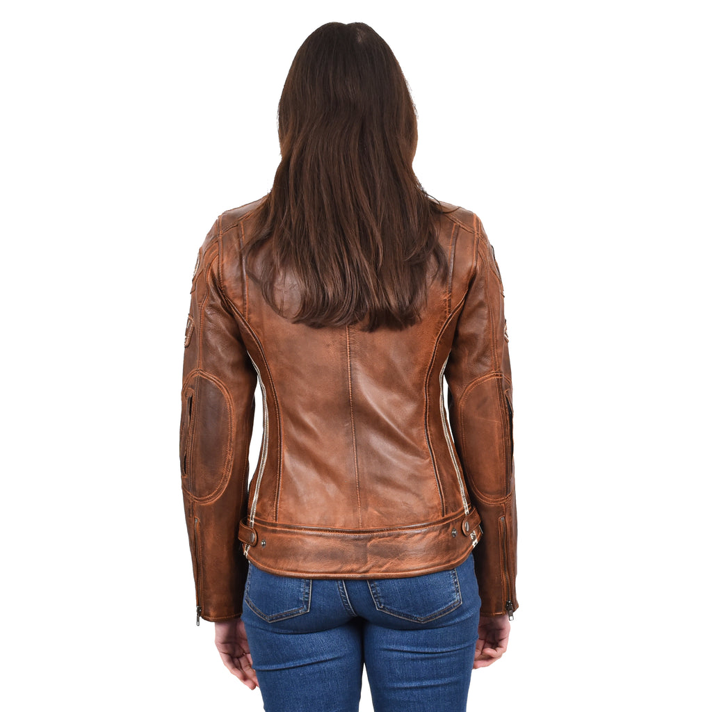 Women's Genuine Leather Biker Racing Badges Jacket Café Racer Tan Rayne 2