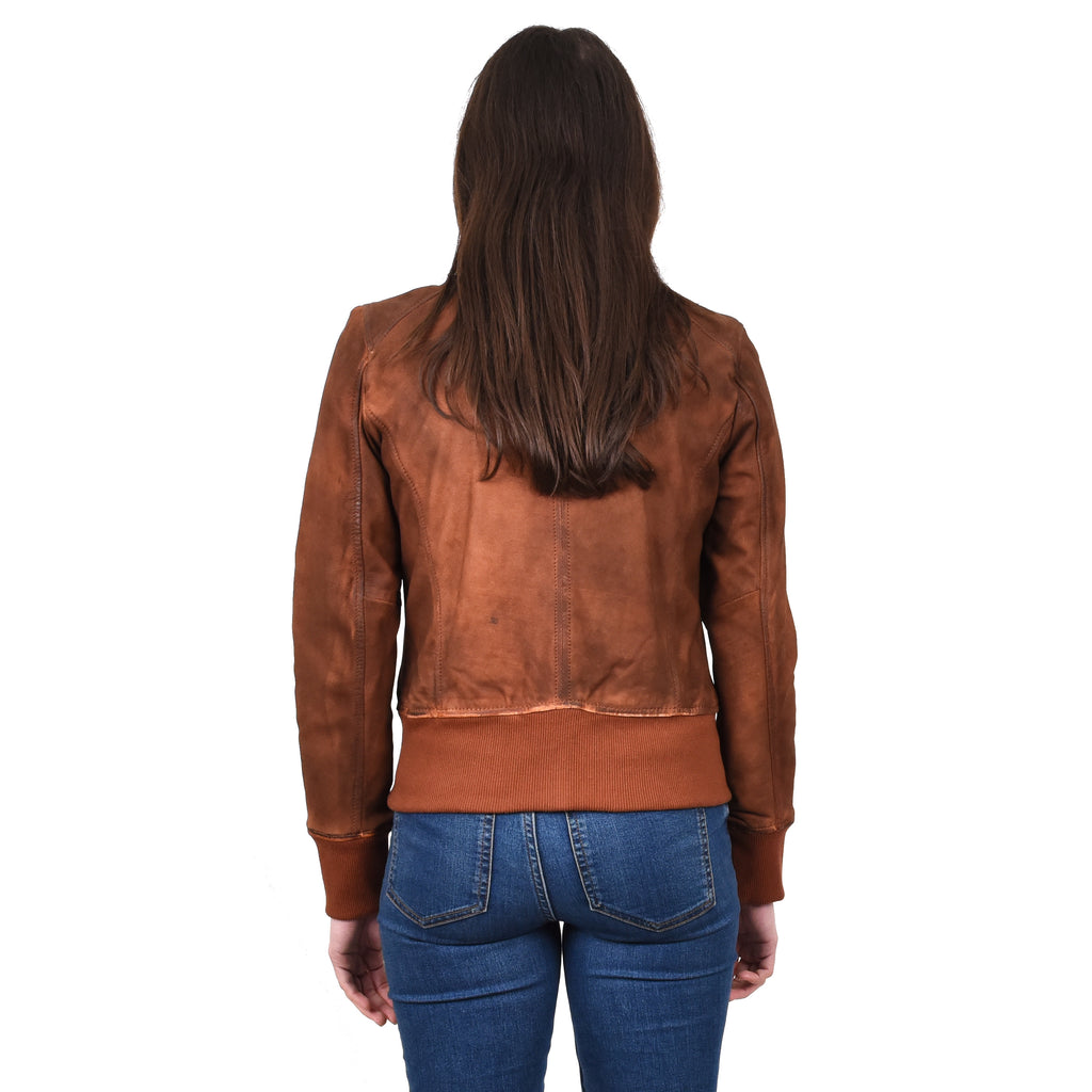 Women's Real Leather Bomber Jacket Slim Fit MA-1 Varsity Chloe Tan 2