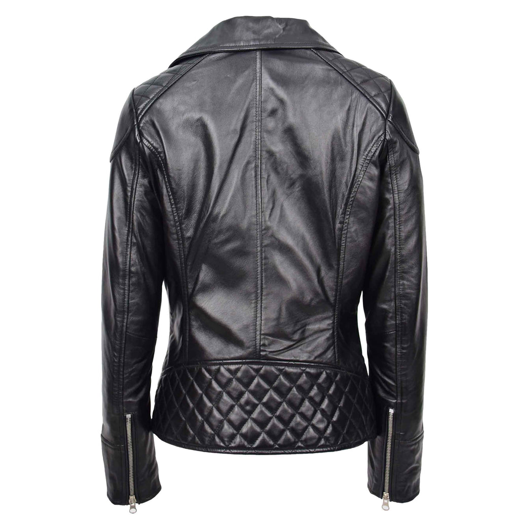 DR570 Women's Cross Zip Pocketed Real Leather Biker Jacket Black 2