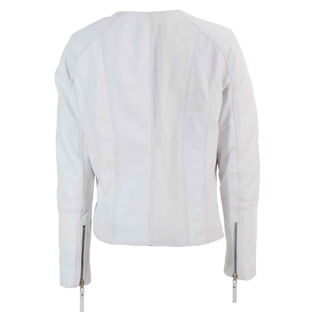DR572 Women's Casual Cross Zip Leather Jacket Off White 2