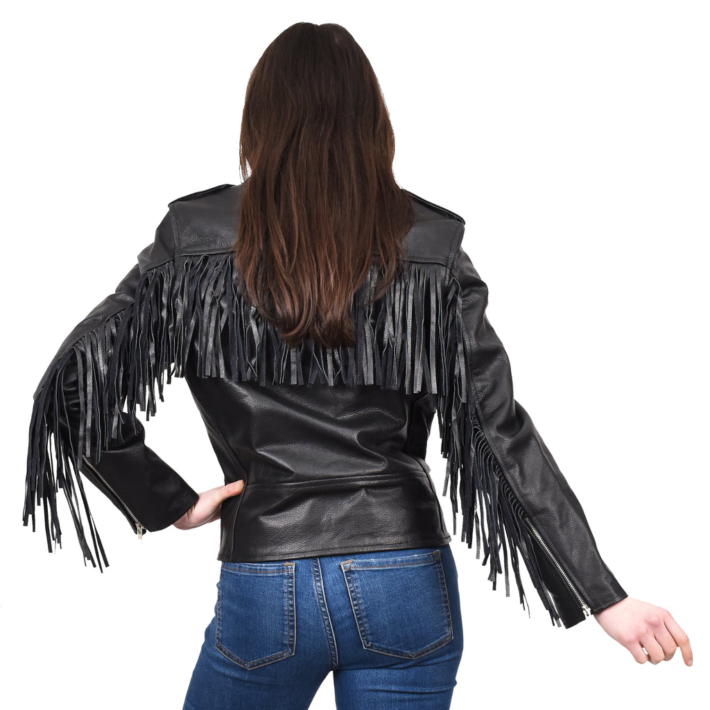 Women's Cowhide Leather Biker Jacket Brando Fringes Cross Zip Vinga Black 2