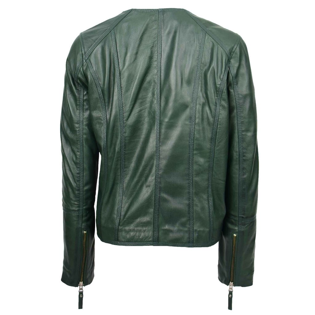 DR572 Women's Casual Cross Zip Leather Jacket Green 2