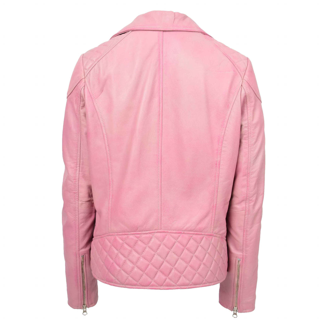 DR570 Women's Cross Zip Pocketed Real Leather Biker Jacket Pink 2