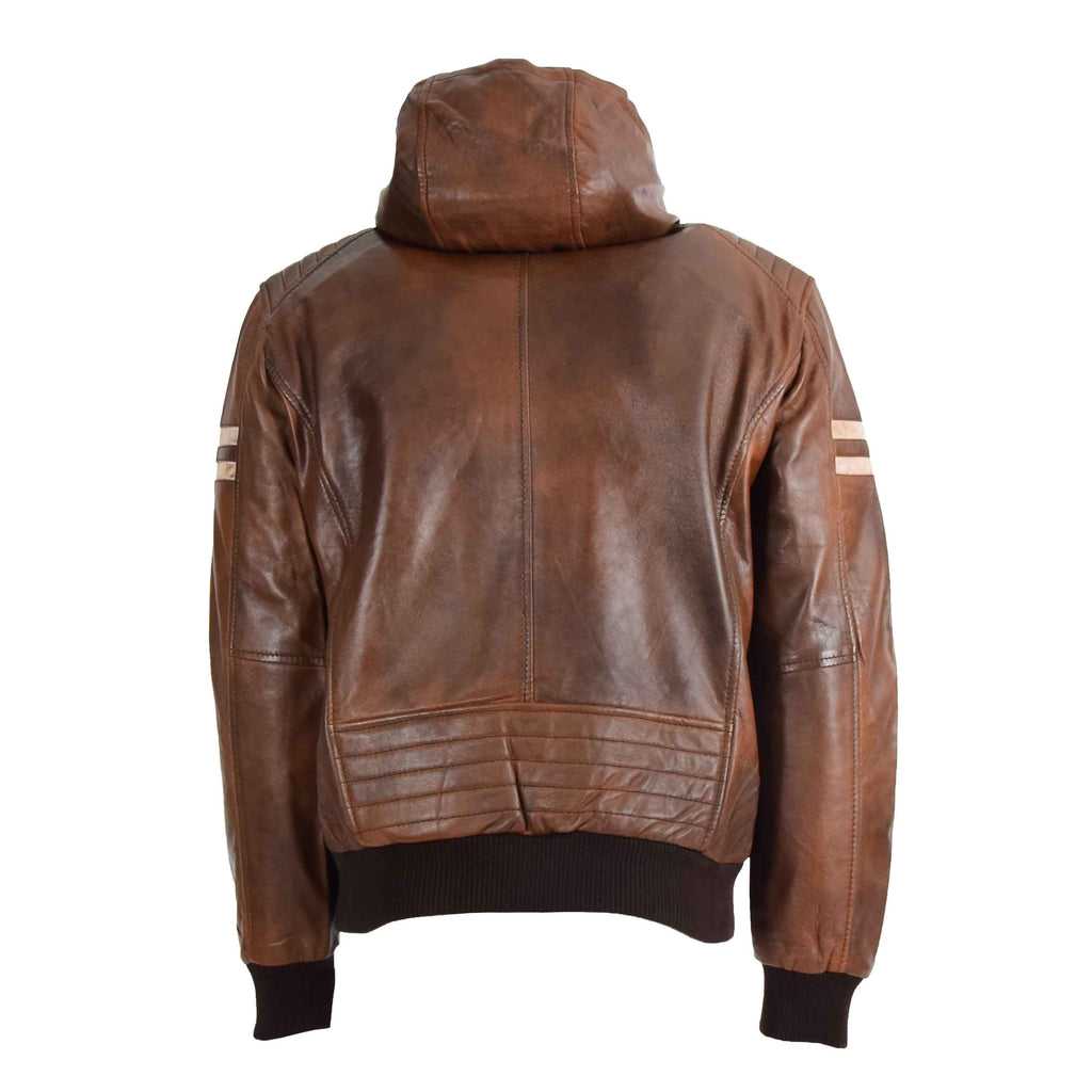 DR573 Men's Leather Zip Closure Bomber Jacket With Removable Hood Cognac 2