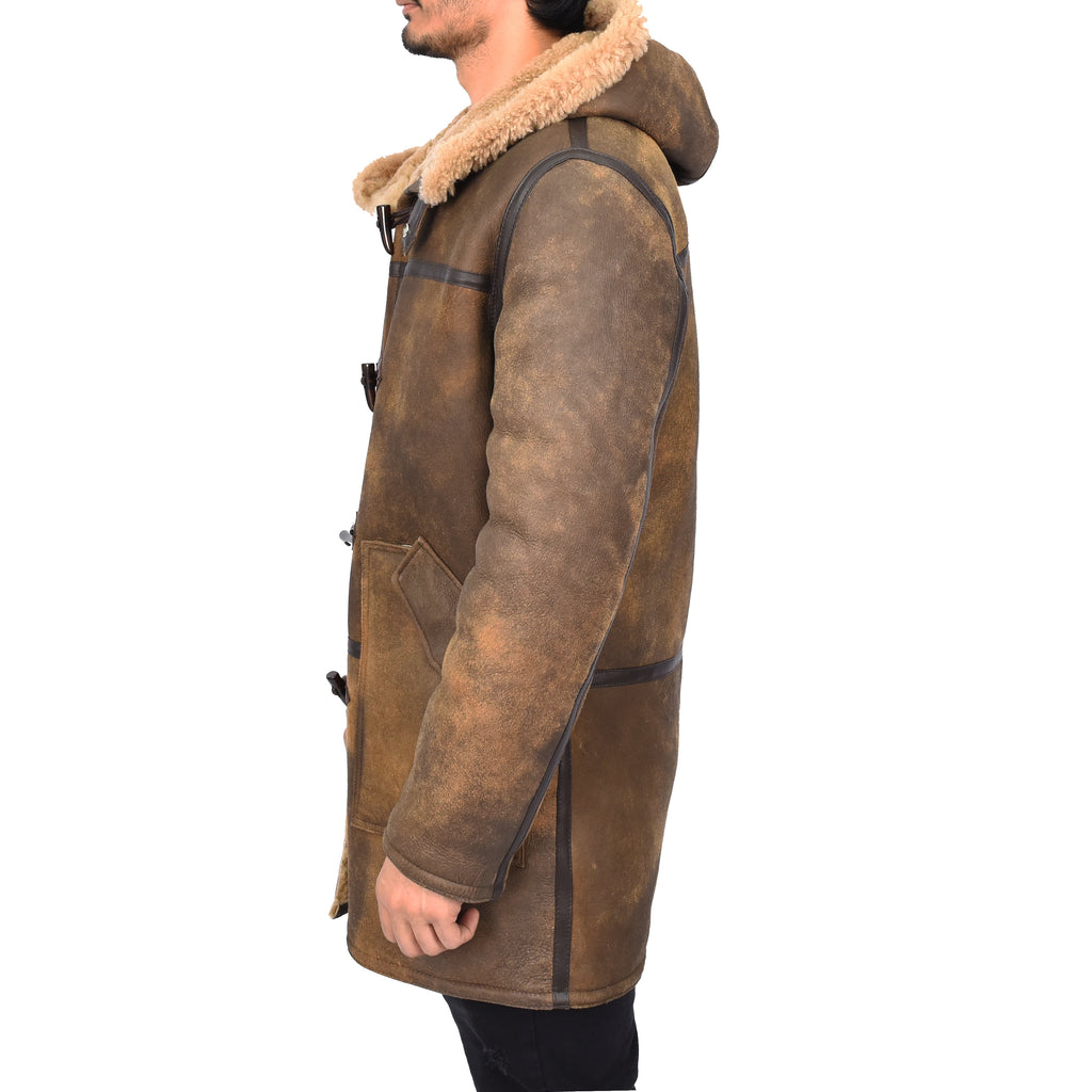 Mens Winter Antique Sheepskin Duffle Coat ¾ Length Shearling Duncan Brown 2