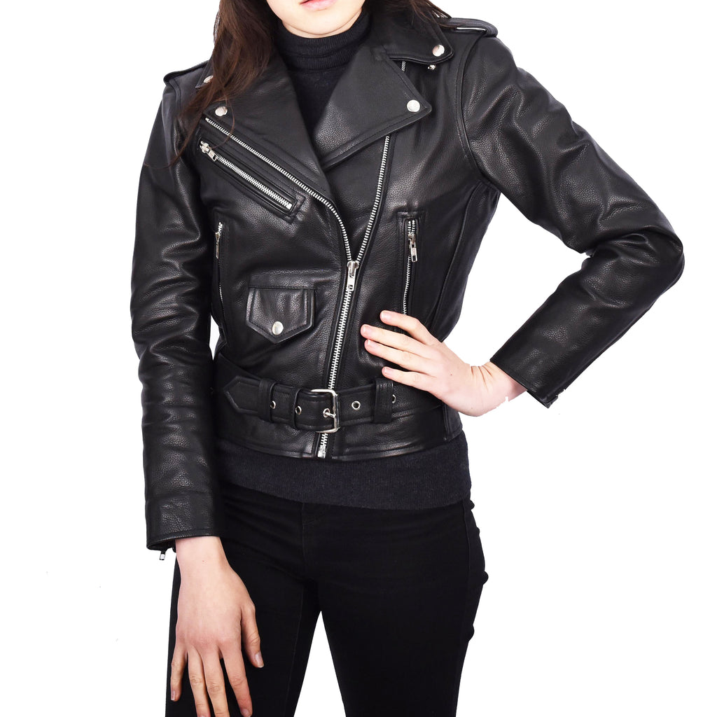 Women's Real Leather Black Biker Jacket Brando Style Sabine 2