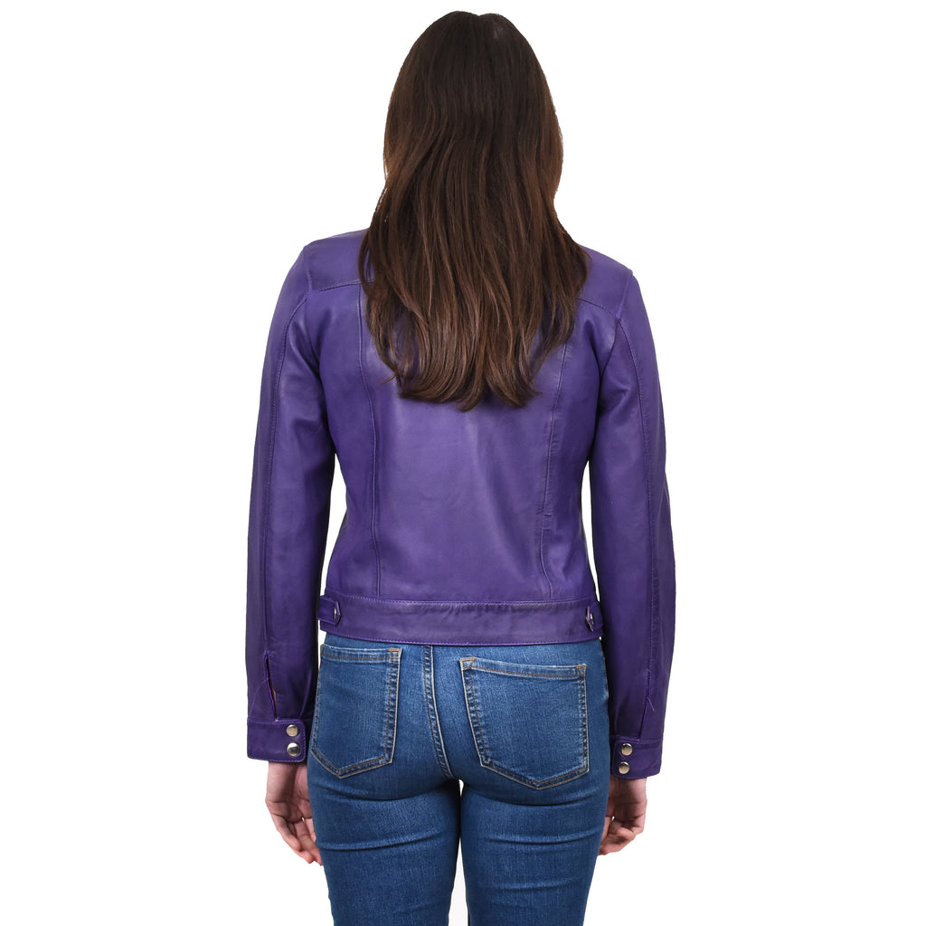 Women's Real Leather Biker Jacket Band Collar Short Slim Fit Trine Purple 2