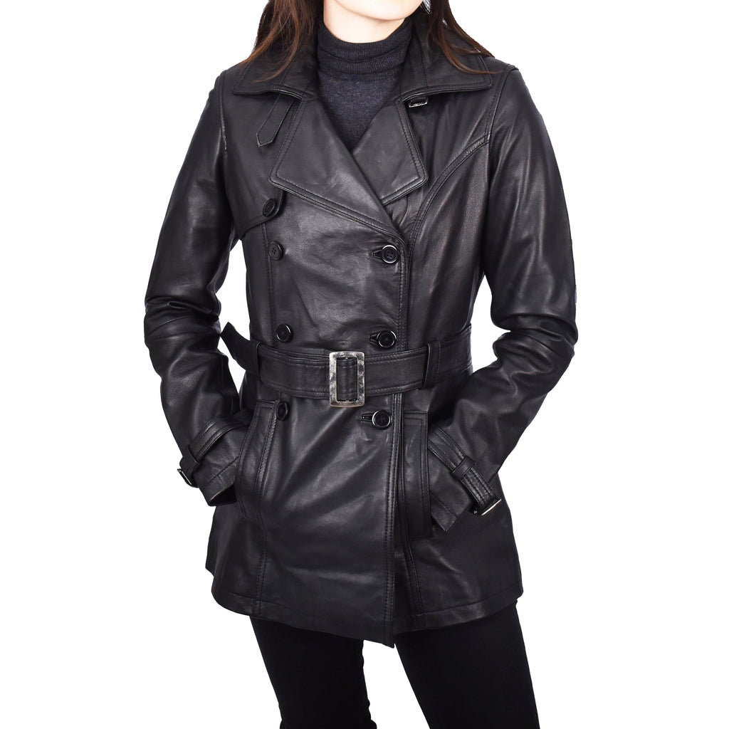 Women's Real Leather Buttoned Coat With Belt Black GlamTrench 1