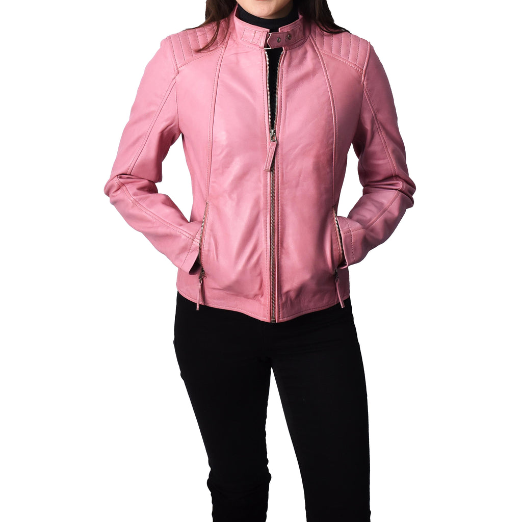 Women's Real Leather Classic Biker Jacket Pink Bikera 2